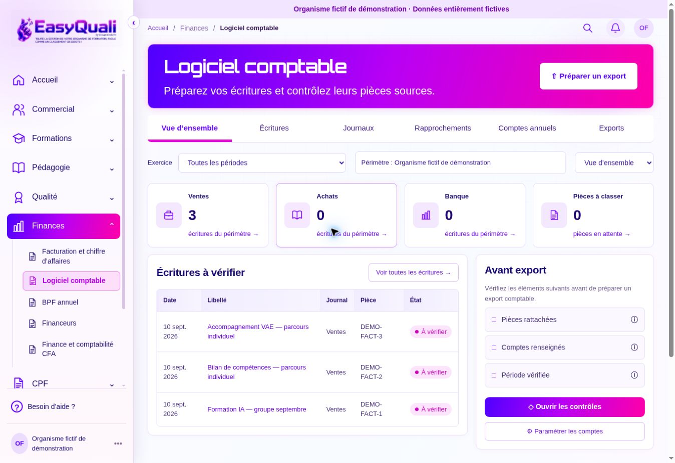 Se repérer dans EasyCompta — organisme fictif de démonstration, données entièrement fictives