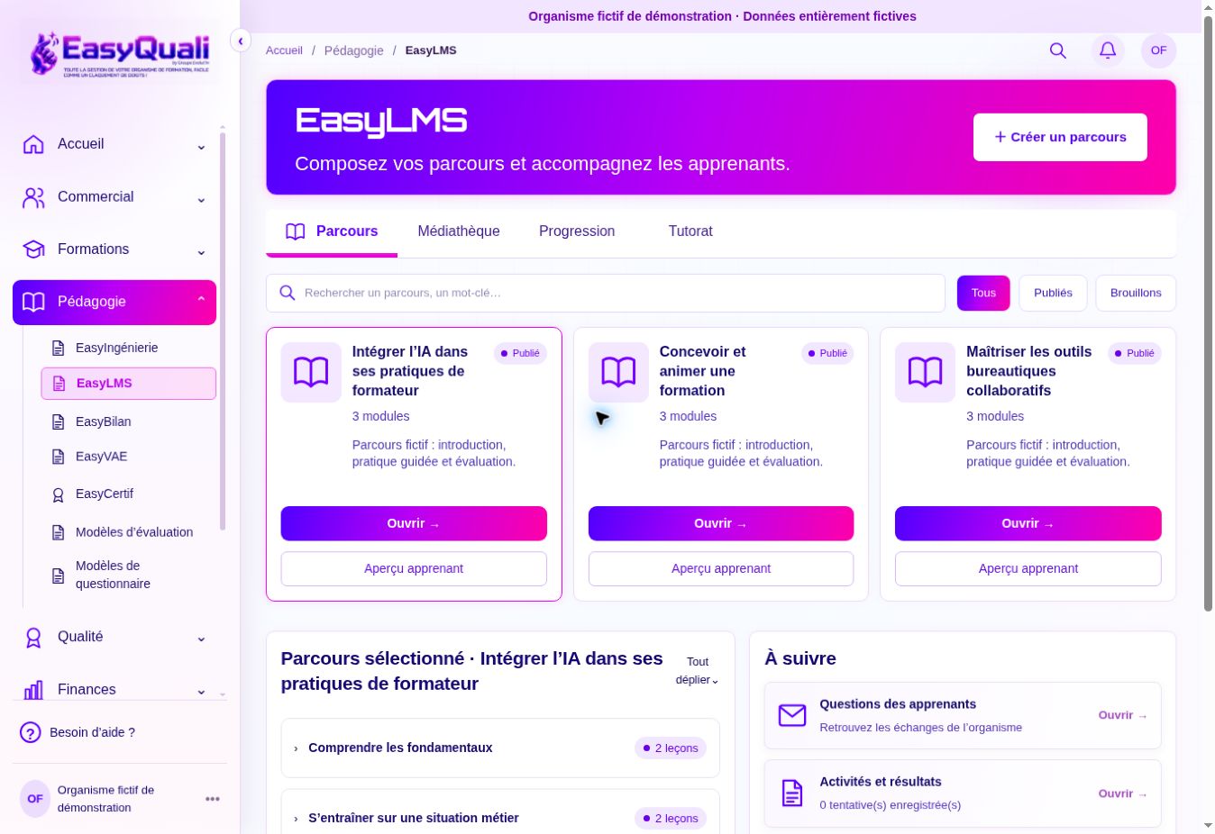Lire l’espace EasyLMS — organisme fictif de démonstration, données entièrement fictives