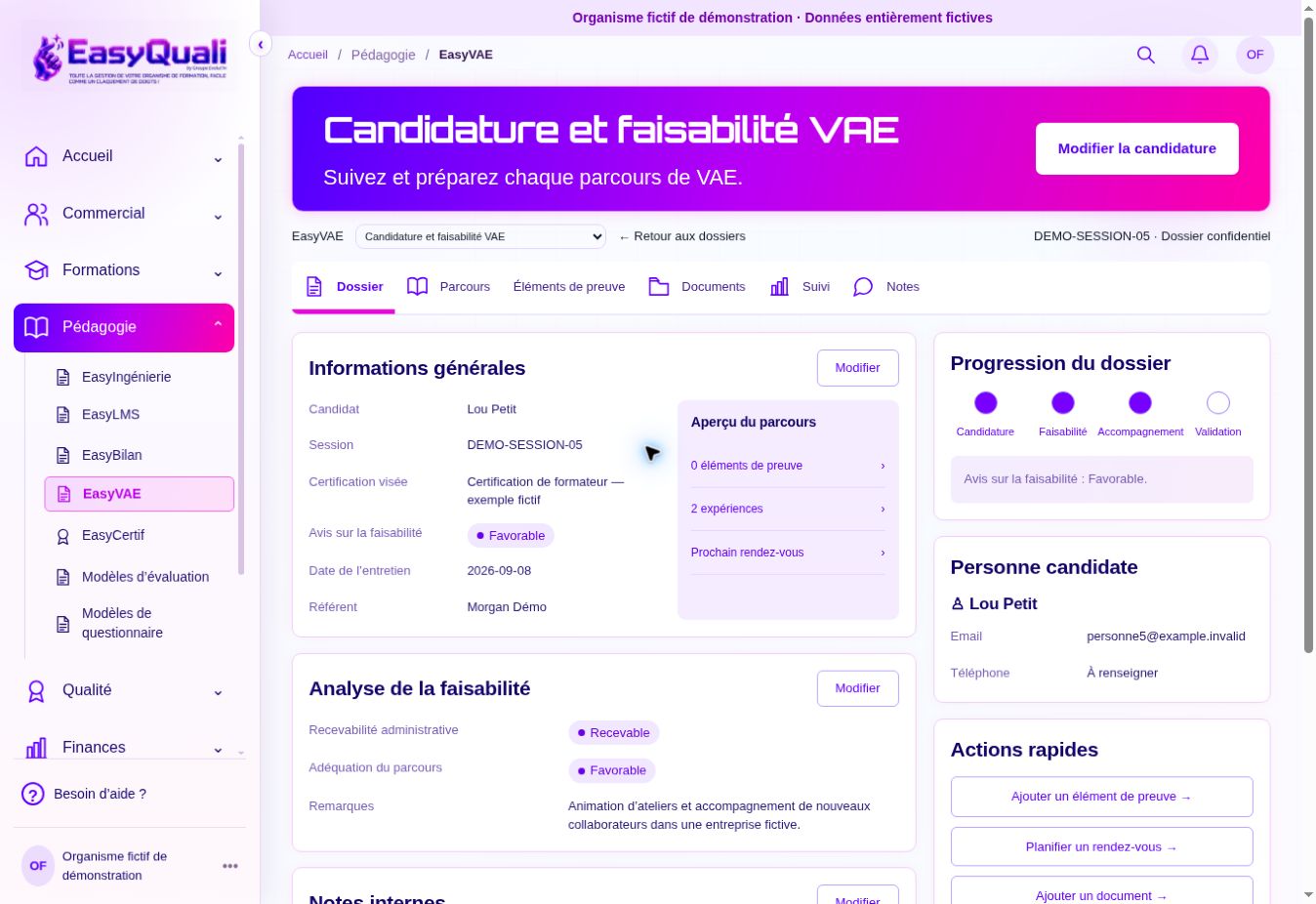 Suivre la faisabilité d’un parcours VAE — organisme fictif de démonstration, données entièrement fictives